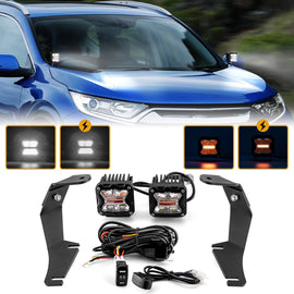 2017 - 2022 5th Gen Honda CR - V Hood Hinge 3" White & Amber Strobe LED Ditch Light Pod Kit - WeiSen - 70104049+70201007