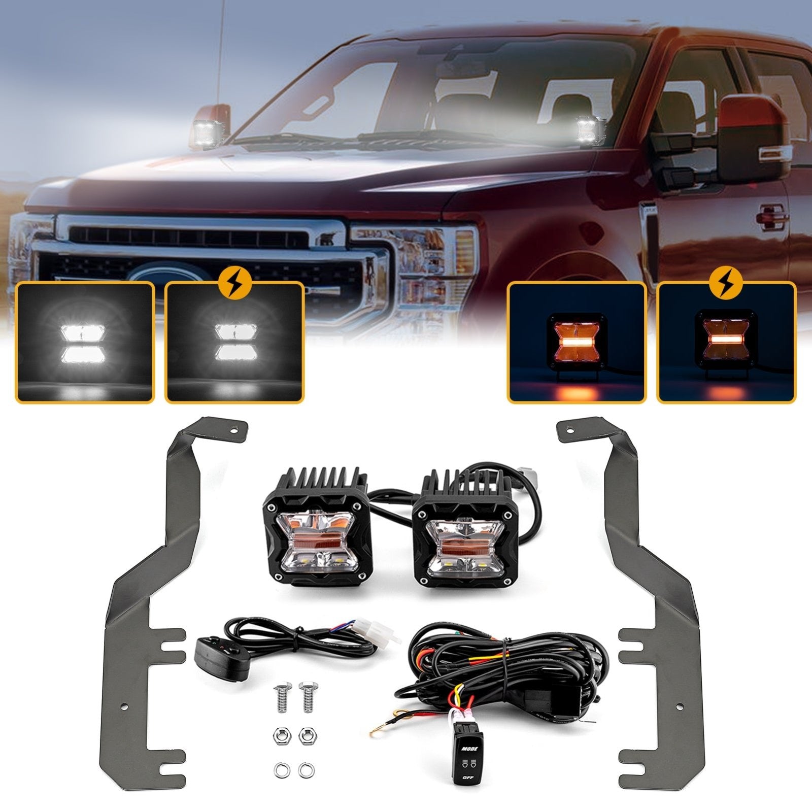 2017 - 2022 Ford F - 250 F - 350 F - 450 F - 550 Super Duty Hood Hinge 3" White & Amber Strobe LED Ditch Light Pod Kit - Weisen