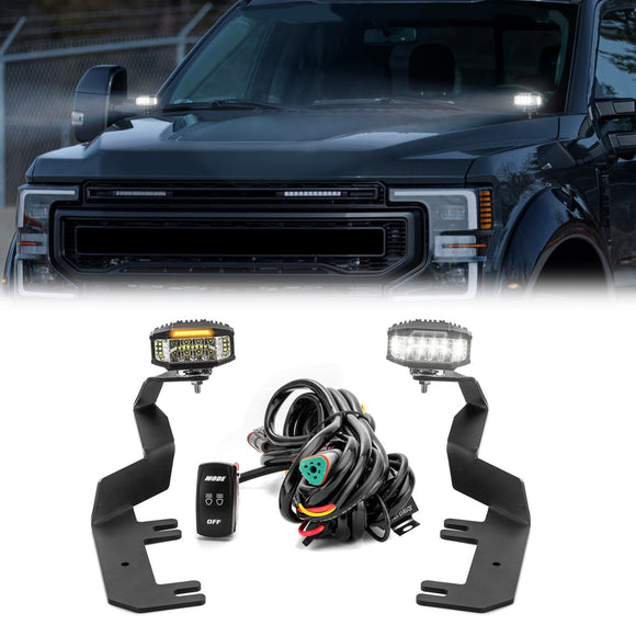 2017 - 2022 Ford F250 F350 F450 F550 Super Duty White&Amber Strobe 3.5 Inch LED Hood Hinge Ditch Light Pods w/ Wiring Harness Kit - WeiSen - 70104022+70201013