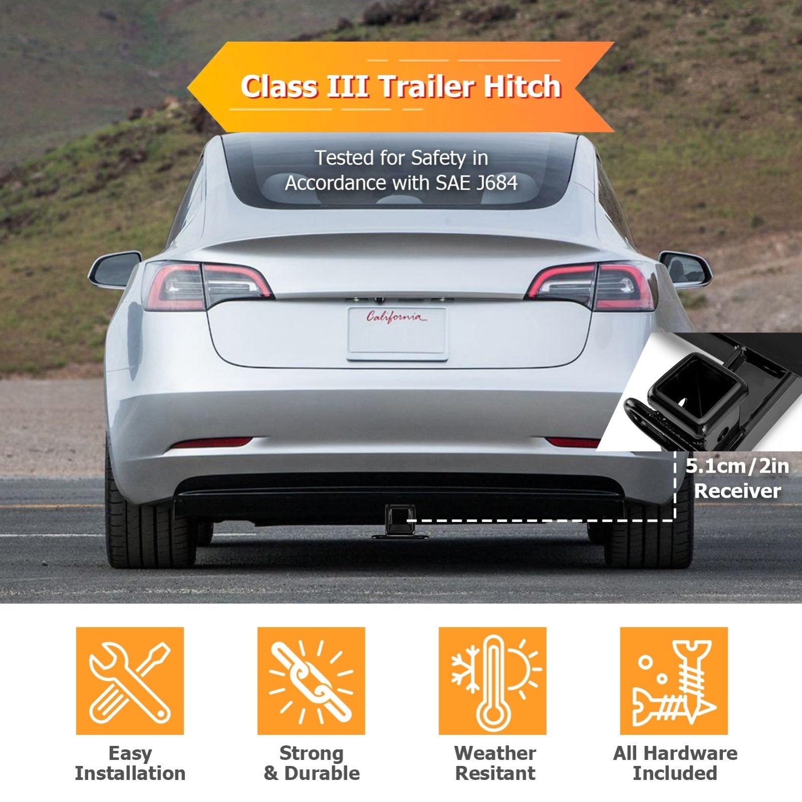 2017 - 2023 Tesla Model 3 No Drill Heavy - Duty Steel Class 3 Trailer Hitch 2" Receiver - Weisen