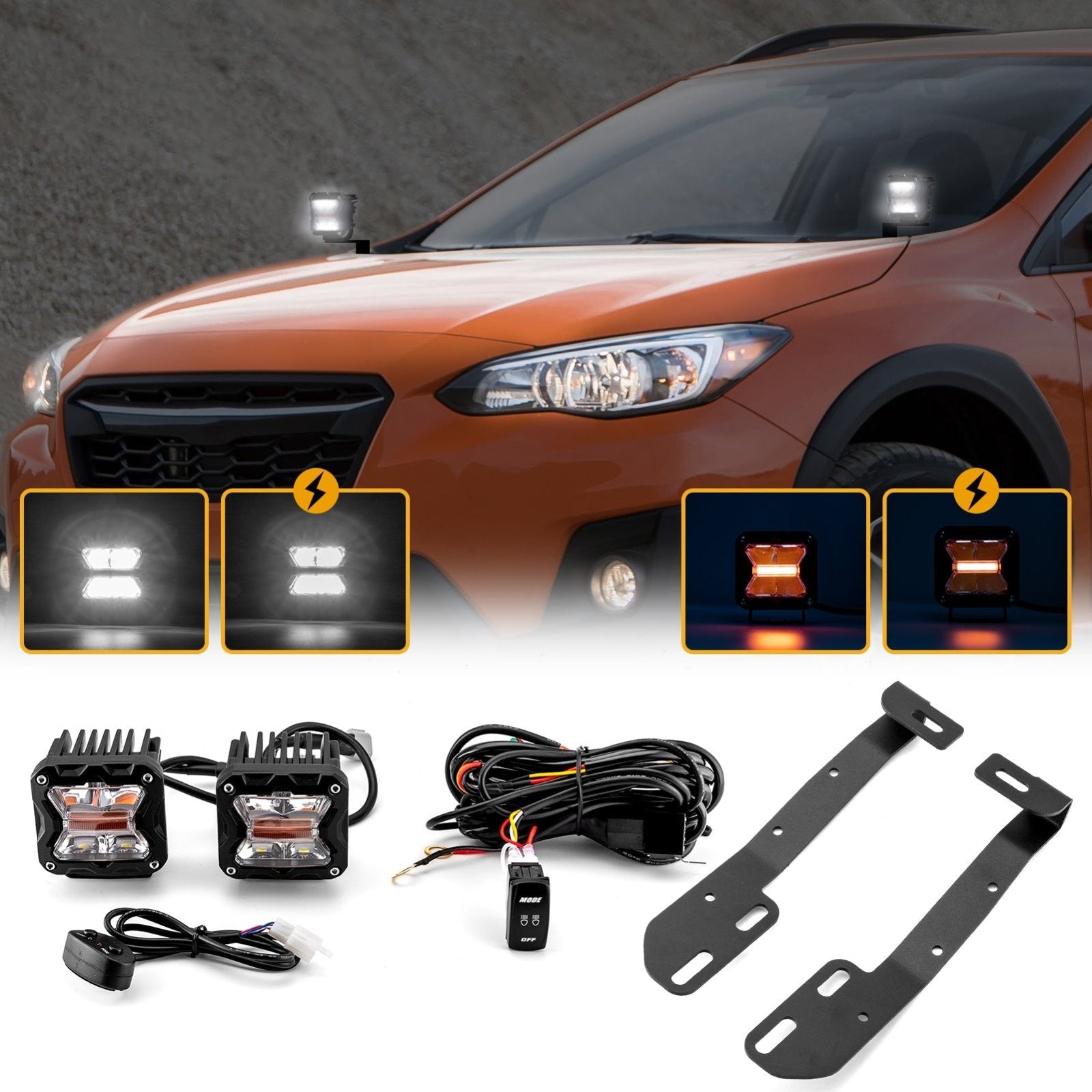 2018 - 2024 Subaru Crosstrek 2nd & 3rd Gen Hood Hinge 3" White & Amber Strobe LED Ditch Light Pod Kit - Weisen