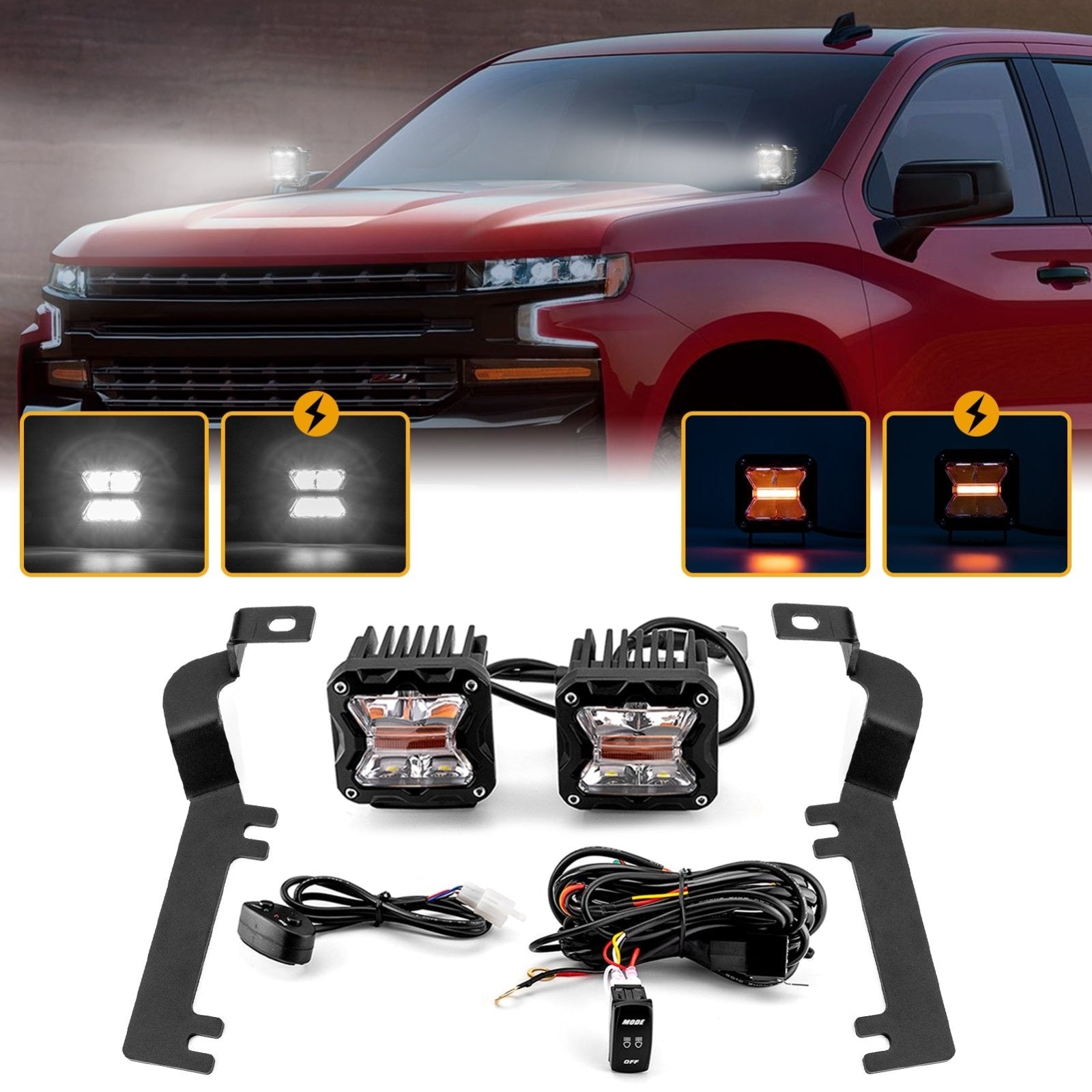 2019 - 2022 Chevrolet Silverado 1500 Hood Hinge 3" White & Amber Strobe LED Ditch Light Pod Kit - Weisen