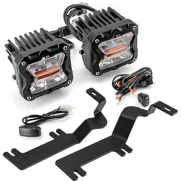 2019 - 2022 Chevrolet Silverado 1500 Hood Hinge 3" White & Amber Strobe LED Ditch Light Pod Kit - WeiSen - 70104031+70201007