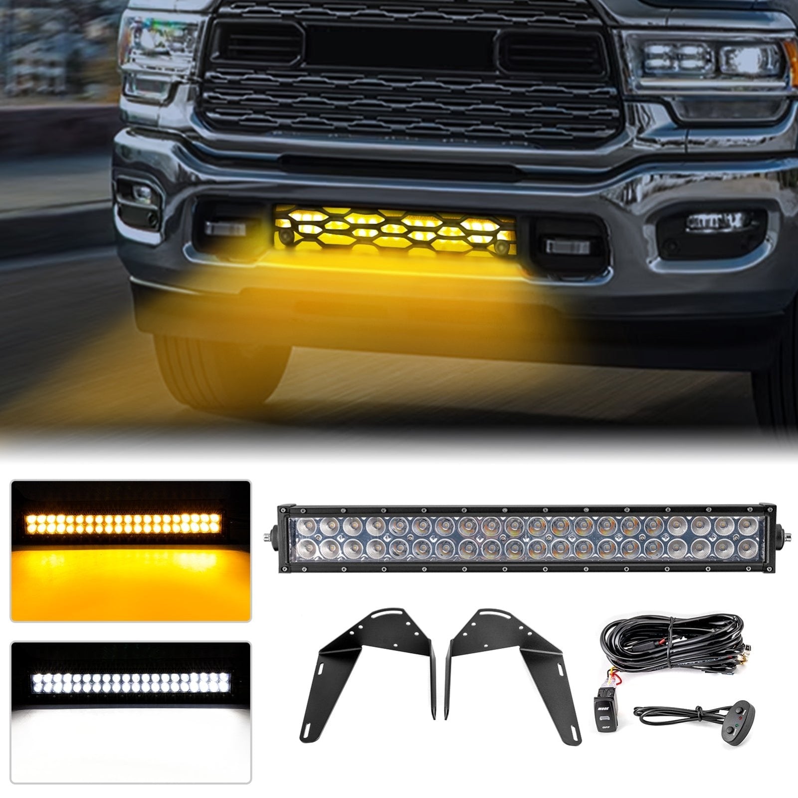 2019 - 2024 5th Gen Dodge Ram 2500/3500 Front Bumper 22" Amber White 120w LED Light Bar Kit - WeiSen - 70102049+70202017