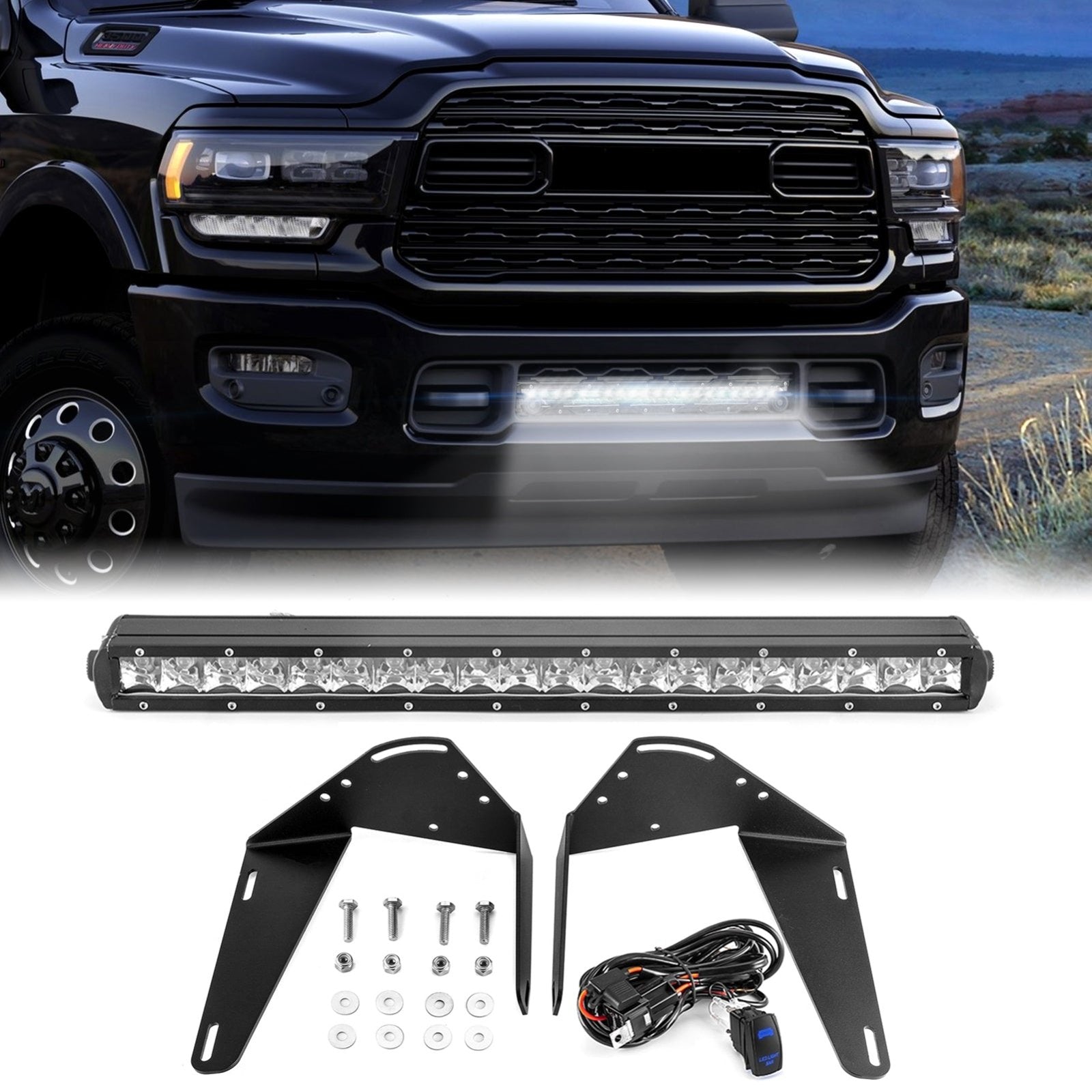 2019 - 2024 5th Gen Dodge Ram 2500/3500 Hidden Front Bumper Grill 22" LED Light Bar Kit - WeiSen - 70102049+70202014+70203004