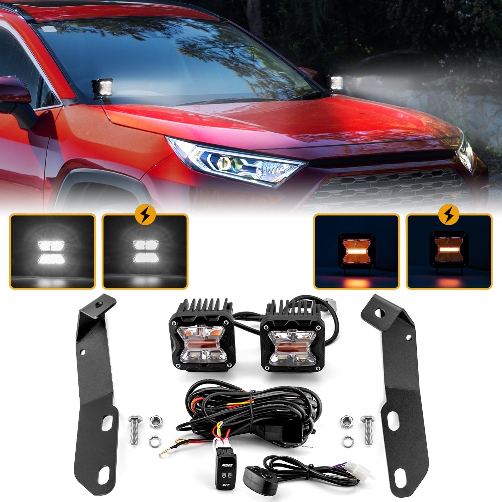 2019 - 2023 5th Gen Toyota RAV4 Hood Hinge 3" White & Amber Strobe LED Ditch Light Pod Kit - Weisen