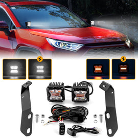 2019 - 2024 5th Gen Toyota RAV4 Hood Hinge 3" White & Amber Strobe LED Ditch Light Pod Kit - WeiSen - 70104045+70201007