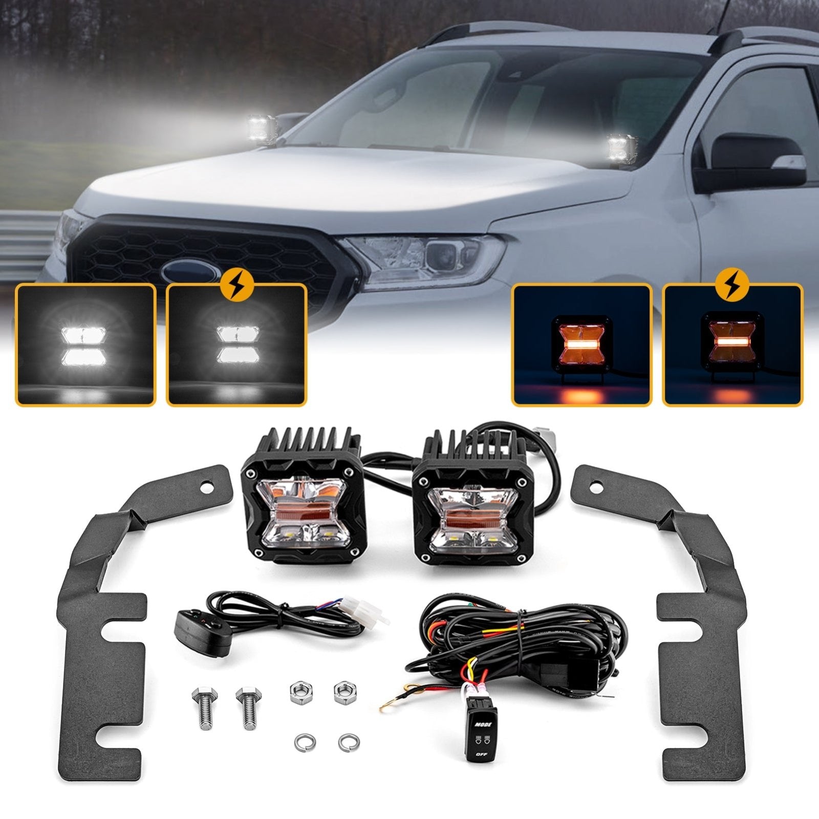 2019 - 2023 Ford Ranger Hood Hinge 3" White & Amber Strobe LED Ditch Light Pod Kit - Weisen