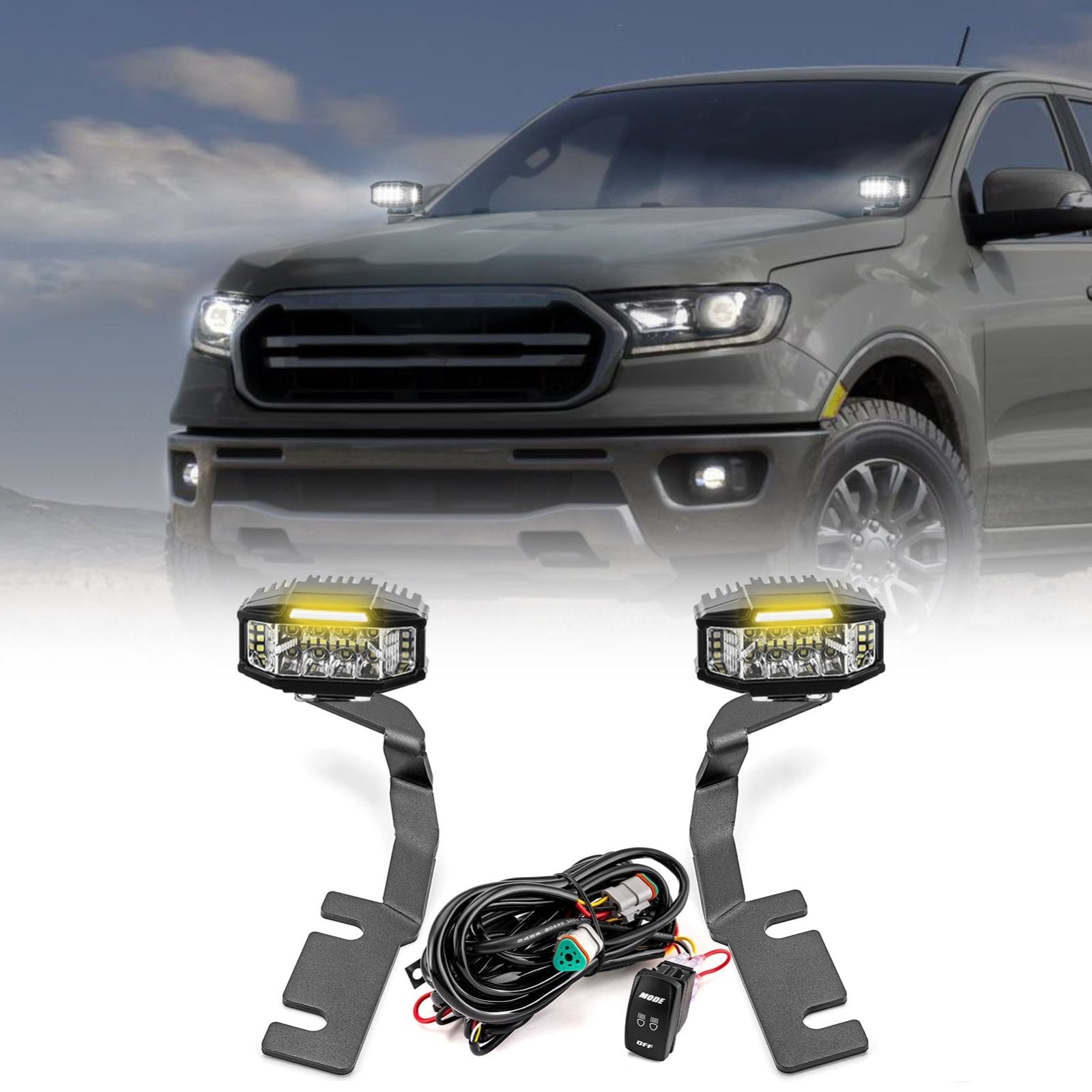 2019-2023 Ford Ranger White&Amber Strobe 3.5 Inch LED Hood Hinge Ditch ...