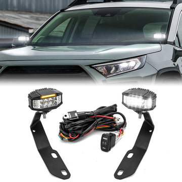 2019 - 2024 5th Gen Toyota RAV4 White&Amber Strobe 3.5 Inch LED Hood Hinge Ditch Light Pods w/ Wiring Harness Kit - WeiSen - 70104045+70201013