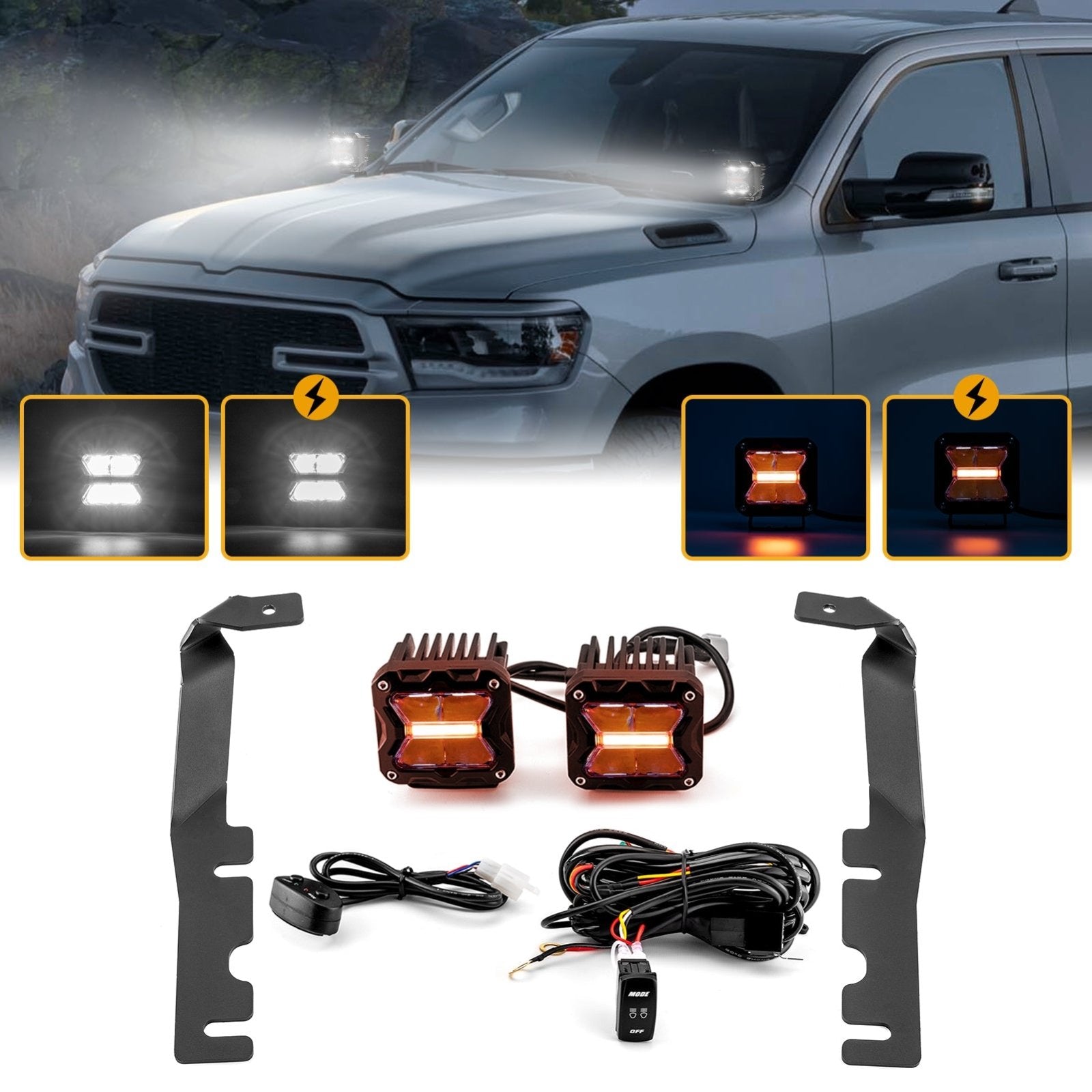 2019 - 2024 DODGE RAM 1500 Hood Hinge 3" White & Amber Strobe LED Ditch Light Pod Kit - WeiSen - 70104009+70201007