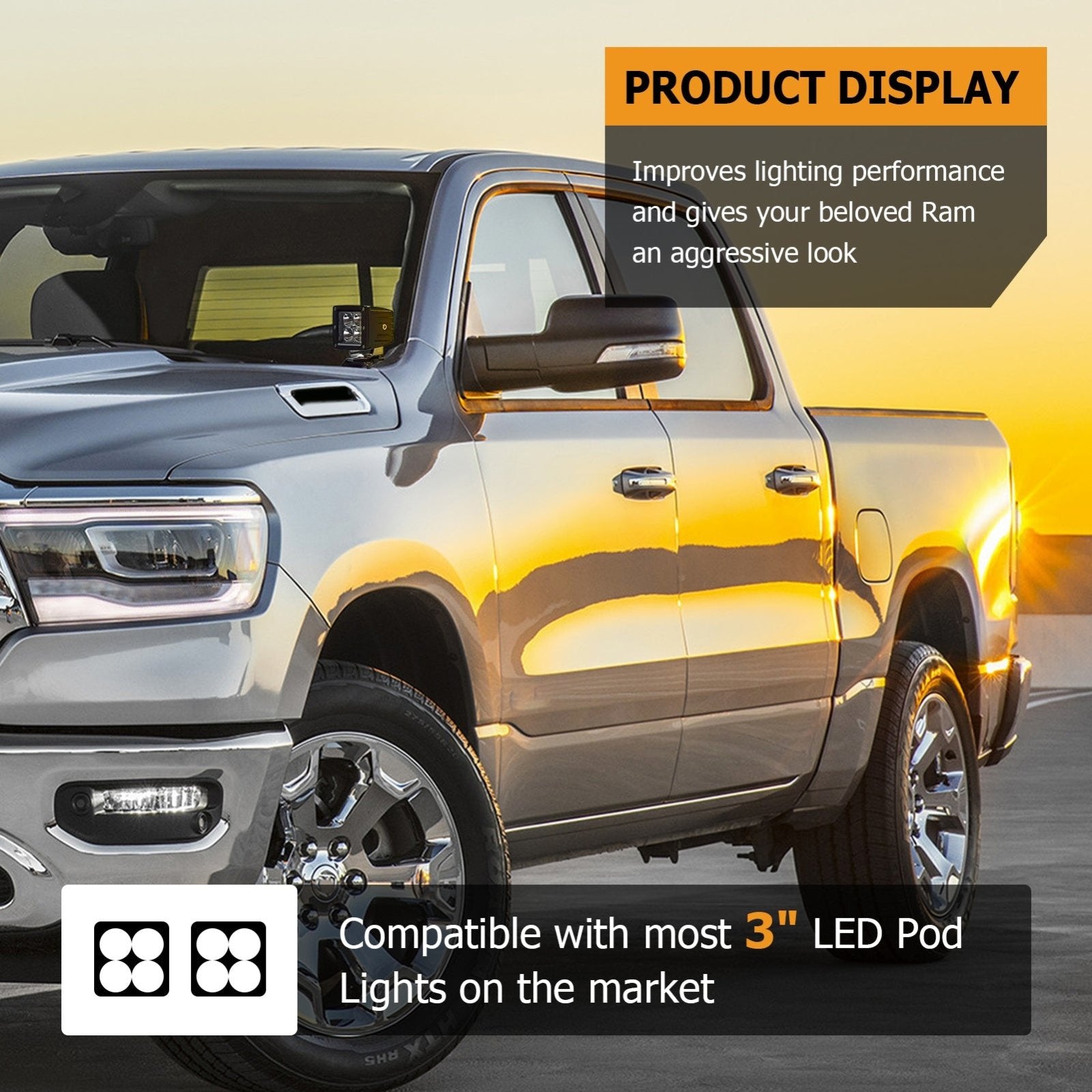 2019 - 2024 Dodge Ram 1500 White&Amber Strobe 3.5 Inch LED Hood Hinge Ditch Light Pods w/ Wiring Harness Kit - WeiSen - 70104009+70201013