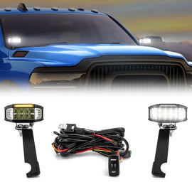 2019 - 2024 Dodge Ram 2500/3500 White&Amber Strobe 3.5 Inch LED Hood Hinge Ditch Light Pods w/ Wiring Harness Kit - WeiSen - 70104041+70201013