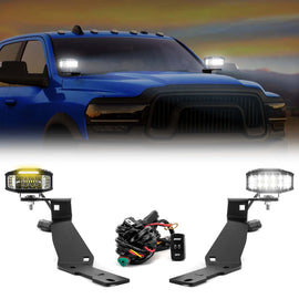 2019 - 2024 Dodge Ram 2500/3500 White&Amber Strobe 3.5 Inch LED Hood Hinge Ditch Light Pods w/ Wiring Harness Kit - WeiSen - 70104064+70201013