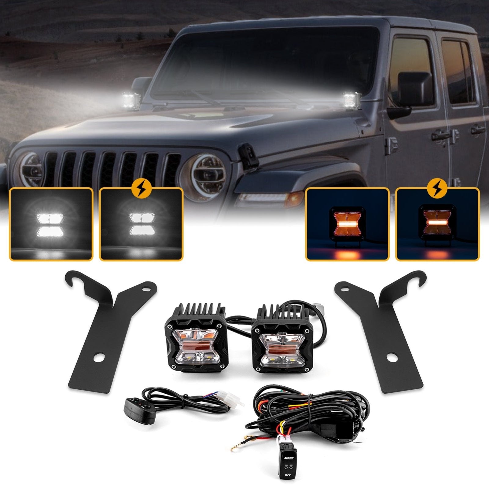 2020 - 2024 4WD Jeep Gladiator JT JL Hood Hinge 3" White & Amber Strobe LED Ditch Light Pod Kit - WeiSen - 70104015+70201007