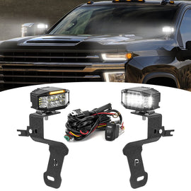 2020 - 2024 Chevy Silverado & GMC Sierra 2500HD/3500HD White&Amber Strobe 3.5 Inch LED Hood Hinge Ditch Light Pods w/ Wiring Harness Kit - WeiSen - 70104074+70201013
