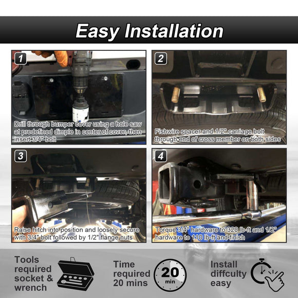 2020 - 2025 Jeep Gladiator JT Rear Class 3 Trailer Hitch 2" Receiver with 4 - Pin Trailer Wiring Harness Kit - WeiSen - 70108008+70206001