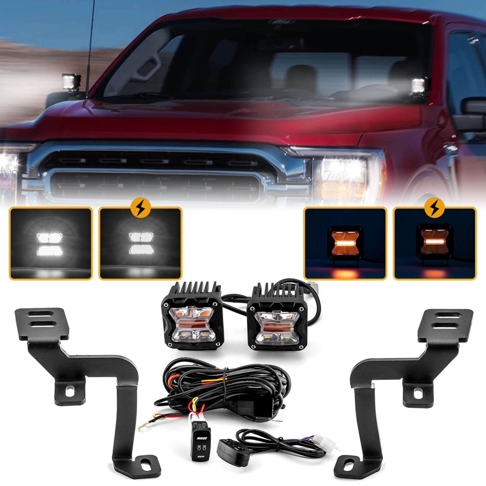 2021 - 2024 Ford F - 150 & F150 3rd RAPTOR Hood Hinge 3" White & Amber Strobe LED Ditch Light Pod Kit - WeiSen - 70104062+70201007