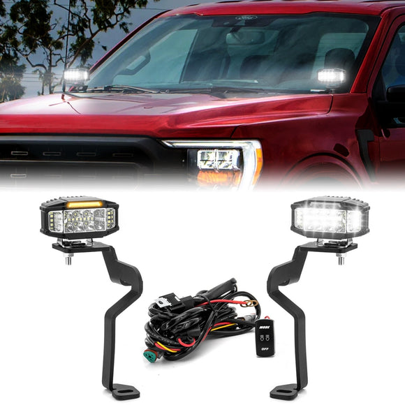 2021 - 2024 Ford F150/F150 3rd Raptor White&Amber Strobe 3.5 Inch LED Hood Hinge Ditch Light Pods w/ Wiring Harness Kit - WeiSen - 70104062+70201013