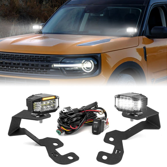 2021 - 2025 Ford Bronco Sport White&Amber Strobe 3.5 Inch LED Hood Hinge Ditch Light Pods w/ Wiring Harness Kit - WeiSen - 70104073+70201013