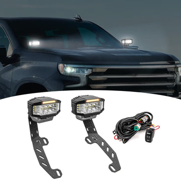 2022 - 2024 Chevy Silverado 1500 & GMC 1500 White&Amber Strobe 3.5 Inch LED Hood Hinge Ditch Light Pods w/ Wiring Harness Kit - WeiSen - 70104070+70201013