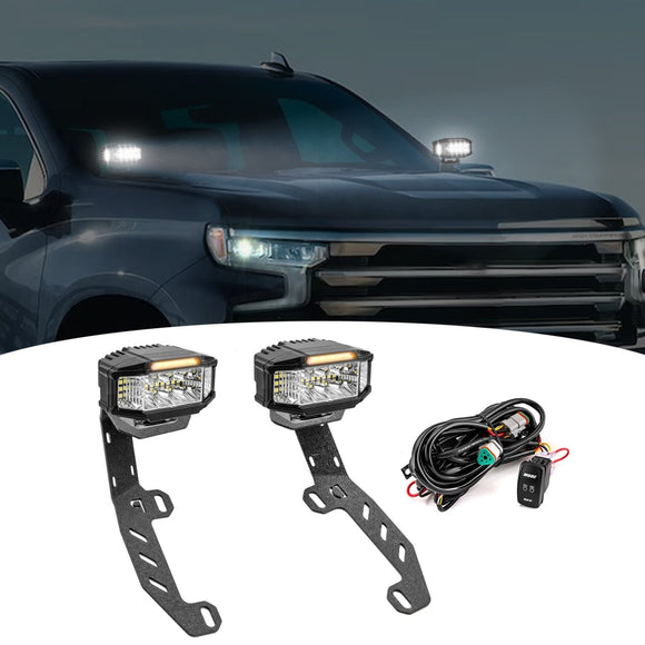 2022 - 2024 Chevy Silverado 1500 & GMC 1500 White&Amber Strobe 3.5 Inch LED Hood Hinge Ditch Light Pods w/ Wiring Harness Kit - WeiSen - 70104070+70201013