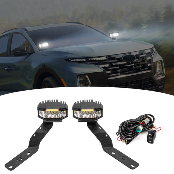 2022 - 2025 Hyundai Santa Cruz White&Amber Strobe 3.5 Inch LED Hood Hinge Ditch Light Pods w/ Wiring Harness Kit - WeiSen - 70104072+70201013