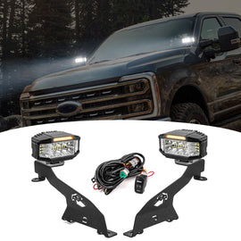 2023 - 2024 Ford F250/F350 White&Amber Strobe 3.5 Inch LED Hood Hinge Ditch Light Pods w/ Wiring Harness Kit - WeiSen - 70104067+70201013