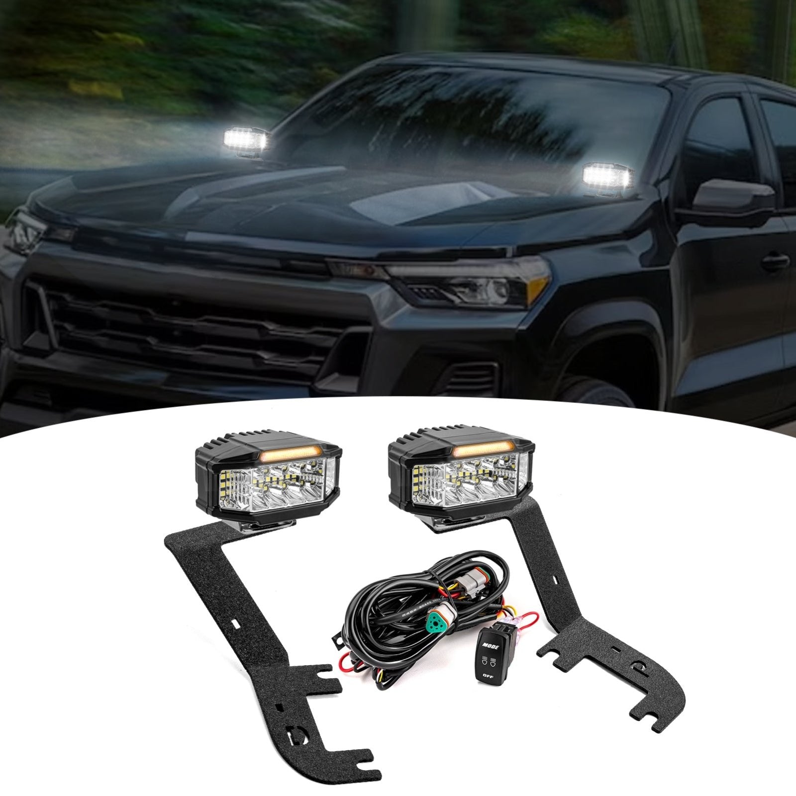 2023 - 2025 Chevrolet Colorado & GMC Canyon White&Amber Strobe 3.5 Inch LED Hood Hinge Ditch Light Pods w/ Wiring Harness Kit - WeiSen - 70104068+70201013