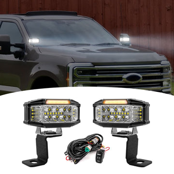 2023 - 2025 Ford Super Duty F250/350/450 White&Amber Strobe 3.5 Inch LED Hood Hinge Ditch Light Pods w/ Wiring Harness Kit - WeiSen - 70104066+70201013