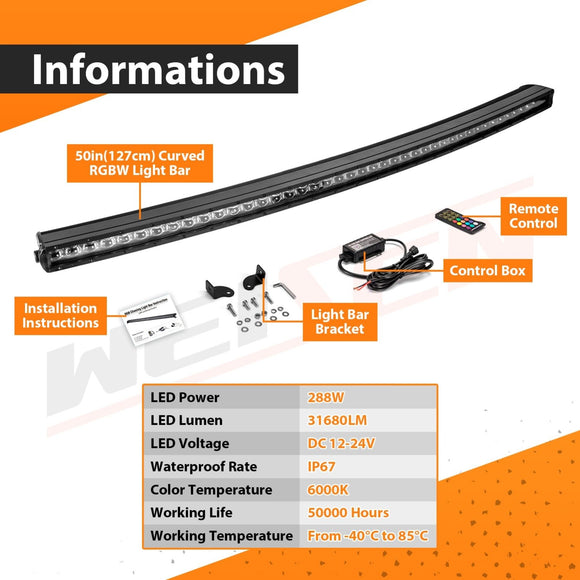 2024 - 2025 Can Am Maverick R/R Max Roof 50" Curved Single Row RGBW Flood LED Light Bar - WeiSen - 80101033+70202023+80206026