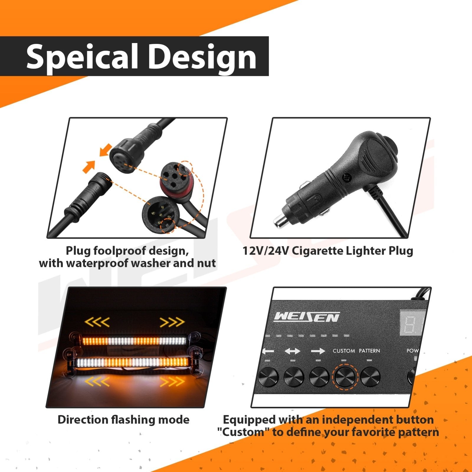 2Pcs 15.7 Inch Universal Interior Windscreen 144LEDs Amber White Emergency Hazard Warning Strobe Light - WeiSen - 70207015