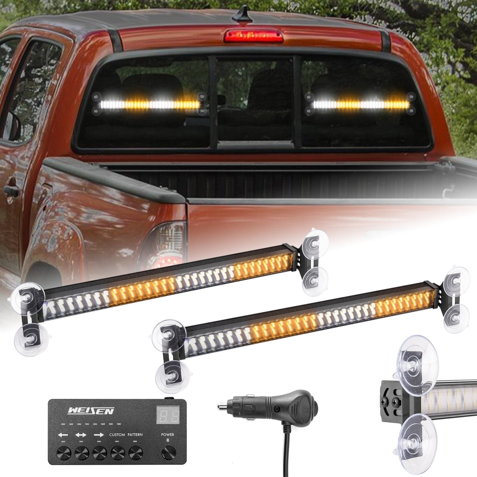 2Pcs 15.7 Inch Universal Interior Windscreen 144LEDs Amber White Emergency Hazard Warning Strobe Light - WeiSen - 70207015