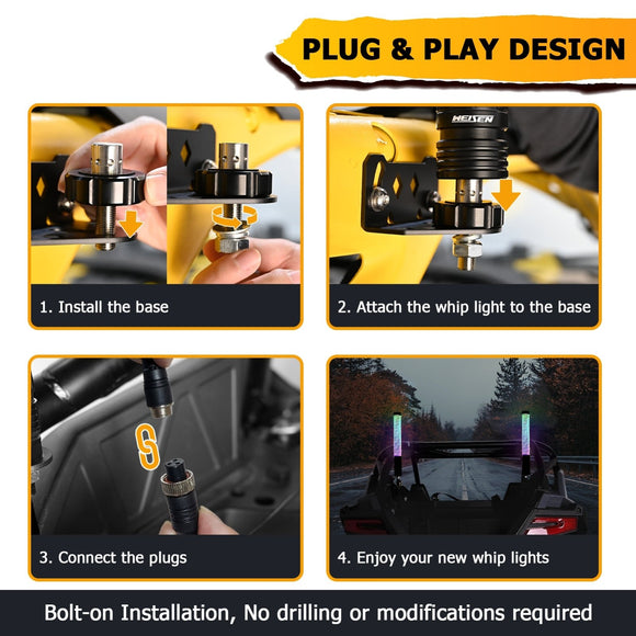 2pcs 1FT Fat COB RGB Whip Lights Spiral RGB Chasing Lighted Antenna Whips Fit UTV ATV Boats - WeiSen - 80204015