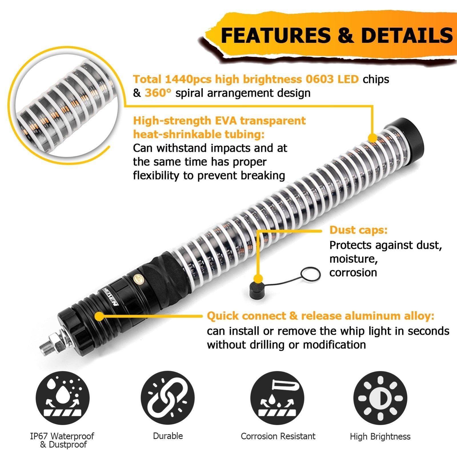 2pcs 1FT Fat COB RGB Whip Lights Spiral RGB Chasing Lighted Antenna Whips Fit UTV ATV Boats - WeiSen - 80204015