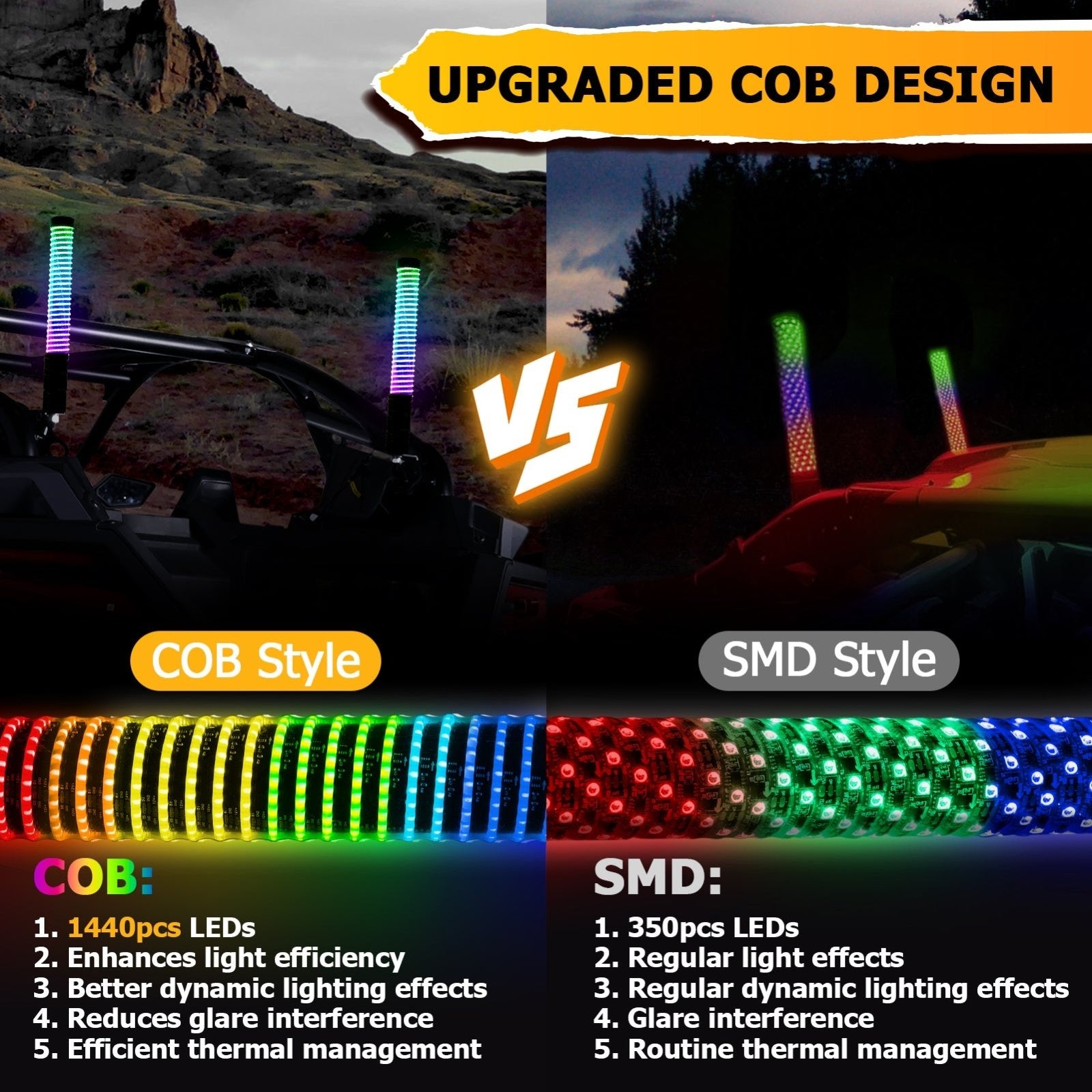 2pcs 1FT Fat COB RGB Whip Lights Spiral RGB Chasing Lighted Antenna Whips Fit UTV ATV Boats - WeiSen - 80204015