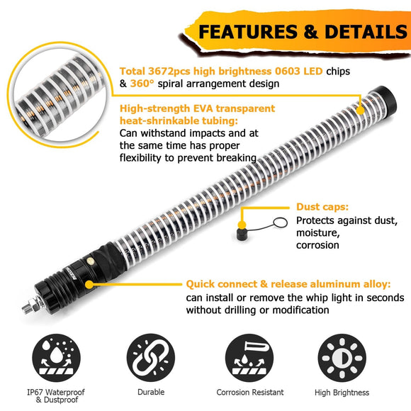 2pcs 2FT Fat COB RGB Whip Lights Spiral RGB Chasing Lighted Antenna Whips w/ Flags Fit UTV ATV Boats - WeiSen - 80204016