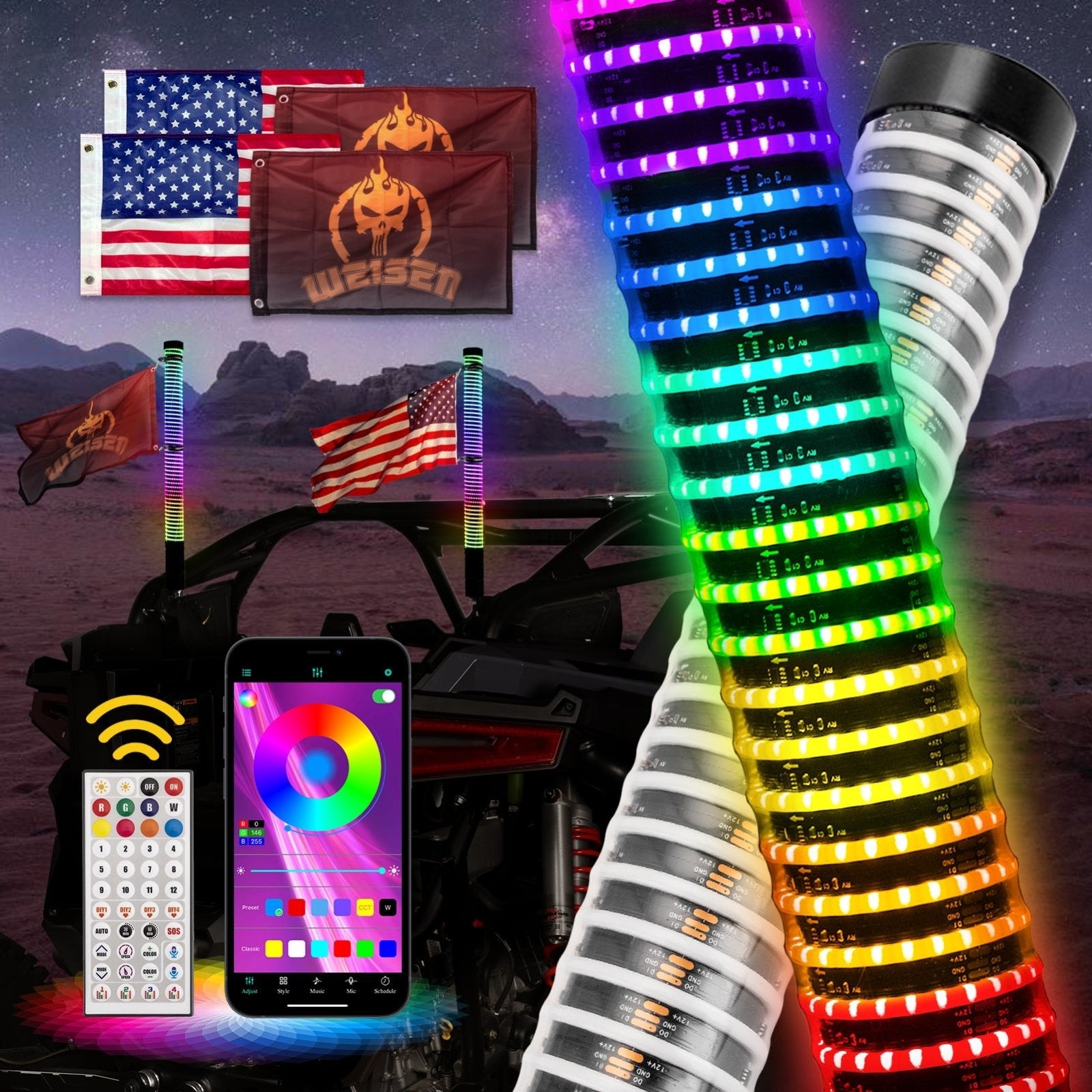 2pcs 2FT Fat COB RGB Whip Lights Spiral RGB Chasing Lighted Antenna Whips w/ Flags Fit UTV ATV Boats - Weisen