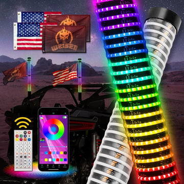 2pcs 2FT Fat COB RGB Whip Lights Spiral RGB Chasing Lighted Antenna Whips w/ Flags Fit UTV ATV Boats - WeiSen - 80204016