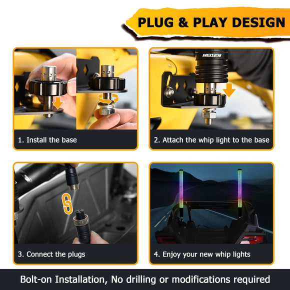 2pcs 2FT Fat COB RGB Whip Lights Spiral RGB Chasing Lighted Antenna Whips w/ Flags Fit UTV ATV Boats - WeiSen - 80204016