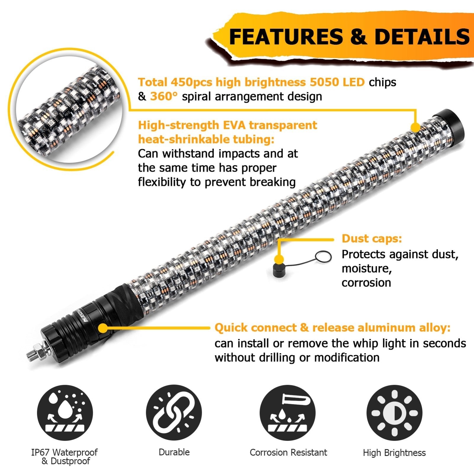 2Pcs 2FT Fat LED Spiral RGB Whip Lights Chasing Lighted Antenna Whips for UTV ATV SUV RV - WeiSen - 80204013