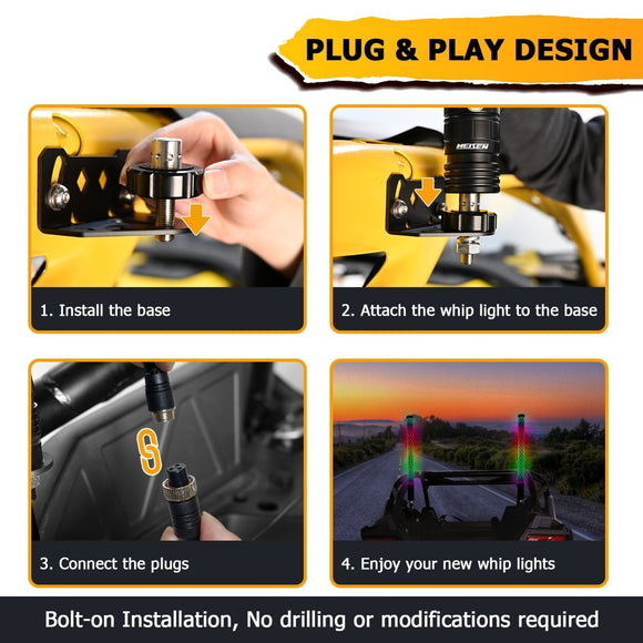 2Pcs 2FT Fat LED Spiral RGB Whip Lights Chasing Lighted Antenna Whips for UTV ATV SUV RV - WeiSen - 80204013