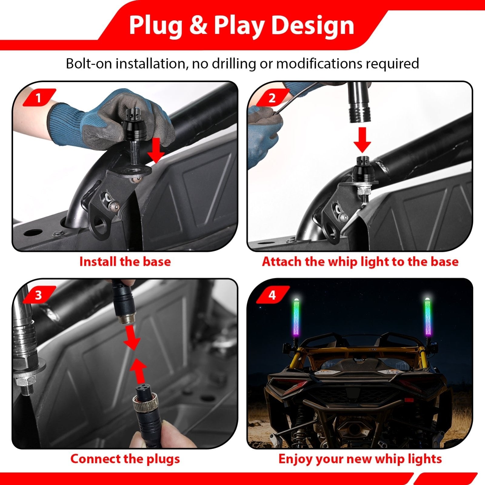 2Pcs 2FT Fat RGB Whip Lights with Top Strobe | Chasing Turn Signal Brake Reverse Light | Fit UTVs, ATVs, SUVs, RVs, Trailers, Golf Carts, Trucks - WeiSen - 80204022