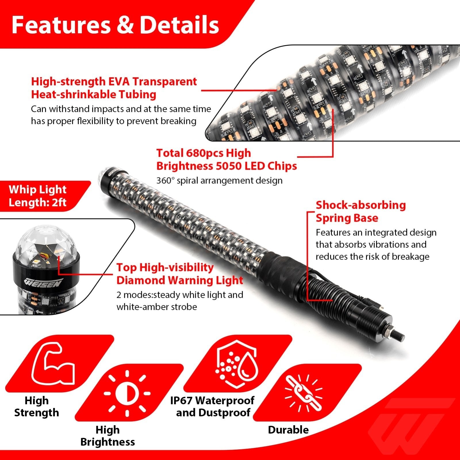 2Pcs 2FT Fat RGB Whip Lights with Top Strobe | Chasing Turn Signal Brake Reverse Light | Fit UTVs, ATVs, SUVs, RVs, Trailers, Golf Carts, Trucks - WeiSen - 80204022