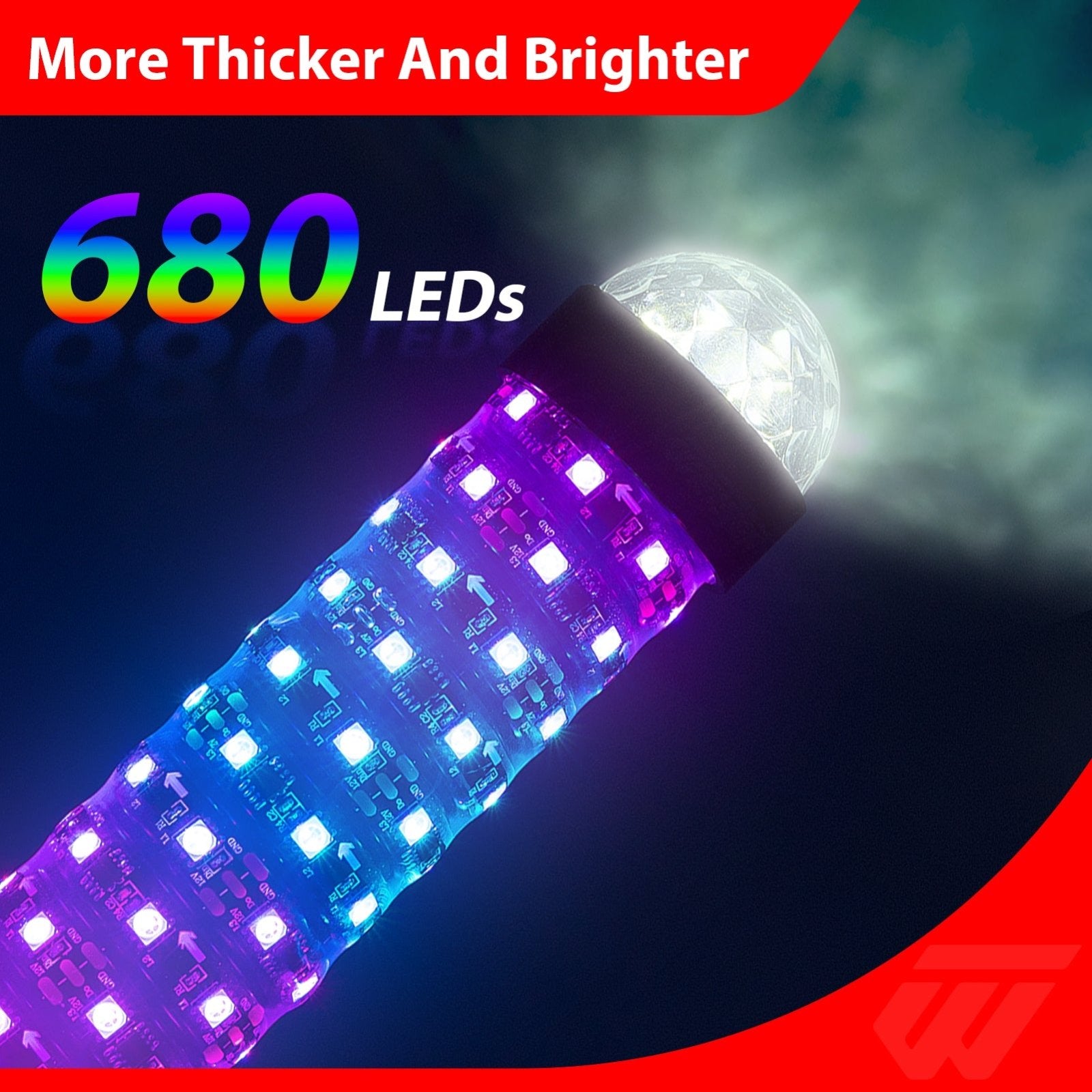 2Pcs 2FT Fat RGB Whip Lights with Top Strobe | Chasing Turn Signal Brake Reverse Light | Fit UTVs, ATVs, SUVs, RVs, Trailers, Golf Carts, Trucks - WeiSen - 80204022