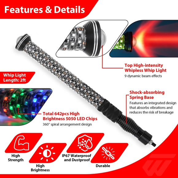 2pcs 2FT Whipless Fat LED Whip Light | Top Cover Navigation Light | Chasing Turn Signal Brake Reverse Light - WeiSen - 80204024