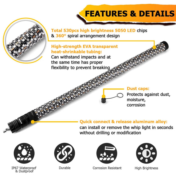 2Pcs 3FT Fat LED Spiral RGB Whip Lights Chasing Lighted Antenna Whips for UTV ATV SUV RV - WeiSen - 80204014