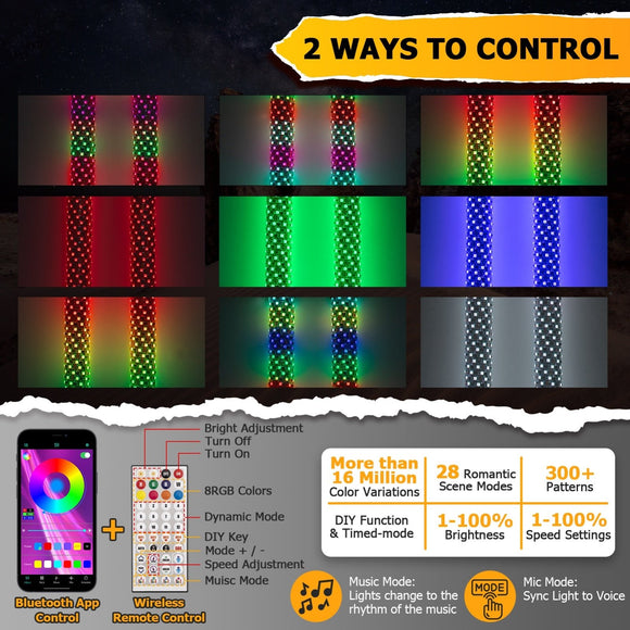 2Pcs 3FT Fat LED Spiral RGB Whip Lights Chasing Lighted Antenna Whips for UTV ATV SUV RV - WeiSen - 80204014