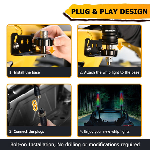 2Pcs 3FT Fat LED Spiral RGB Whip Lights Chasing Lighted Antenna Whips for UTV ATV SUV RV - WeiSen - 80204014