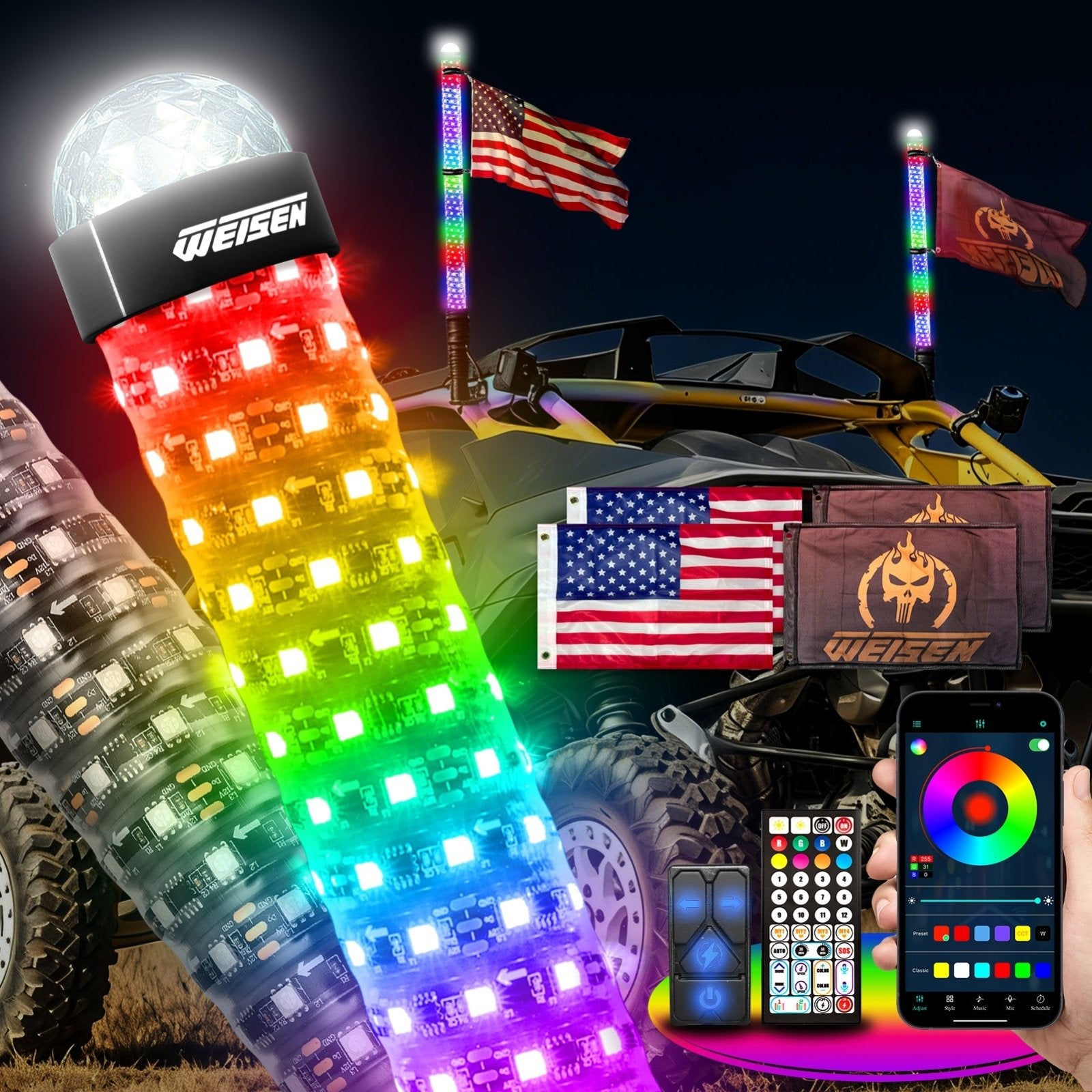 2Pcs 3FT Fat RGB Whip Lights with Top Strobe | Chasing Turn Signal Brake Reverse Light | Fit UTVs, ATVs, SUVs, RVs, Trailers, Golf Carts, Trucks - WeiSen - 80204023